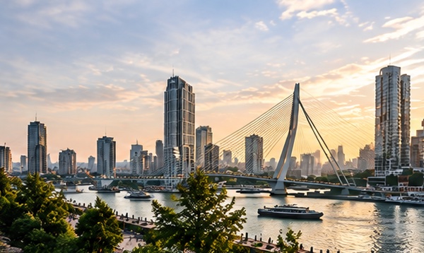 Rotterdam met de Erasmusbrug bij zonsondergang
